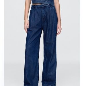 TitleGap High Rise Wide Leg Cropped Jeans Women Blue Denim Pleated Front 10